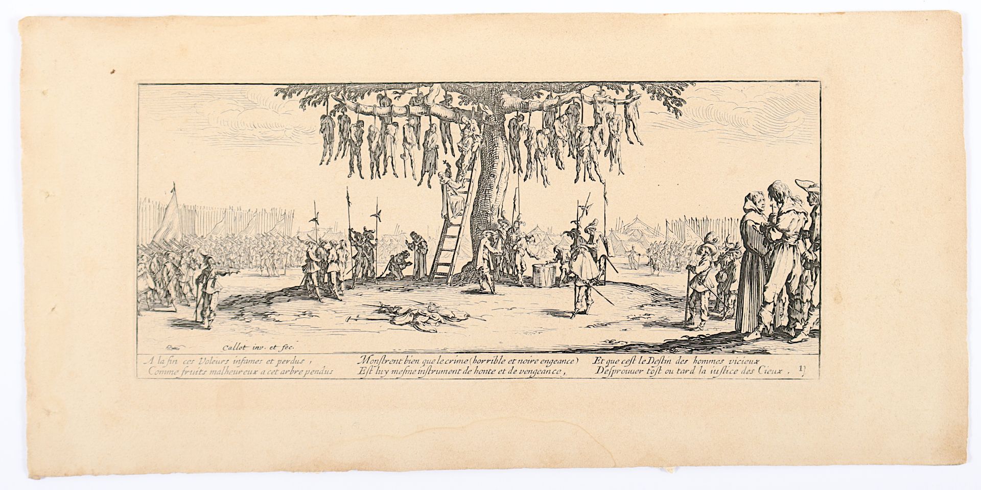 CALLOT, Jacques, "Richtstelle der Diebe", Kupferstich, 8 x 18,5, ungerahmt - Bild 2 aus 2