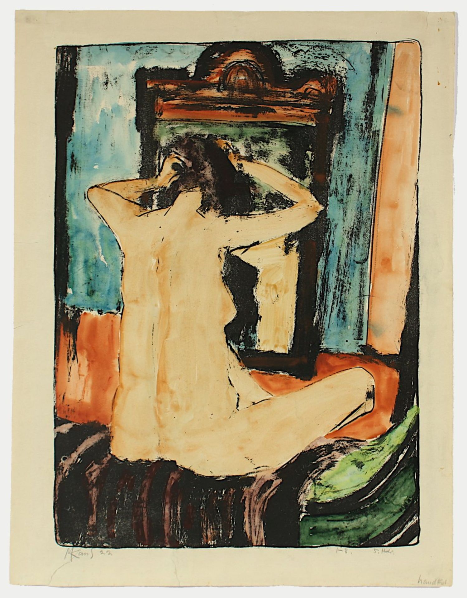 KAUS, Max, "Rückenakt vor einem Spiegel", Original-Lithografie, handkoloriert, 57 x 42, handsigniert - Image 2 of 3