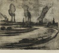 JANSEN, Franz M., "Industrie am Fluss", Original-Radierung, 25 x 29,5, Merholz R, 267, R.