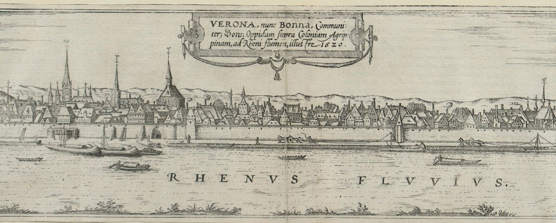 BONN, "Verona, nunc Bonna", Panoramaansicht, Kupferstich, R.10 x 35, MERIAN, um 1640, R. - Image 2 of 2