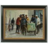 BUNNENS, Leo (1871-1960), "Hafenarbeiter im Gespräch", Öl/Lwd., 37,5 x 50, auf Holz aufgezogen,