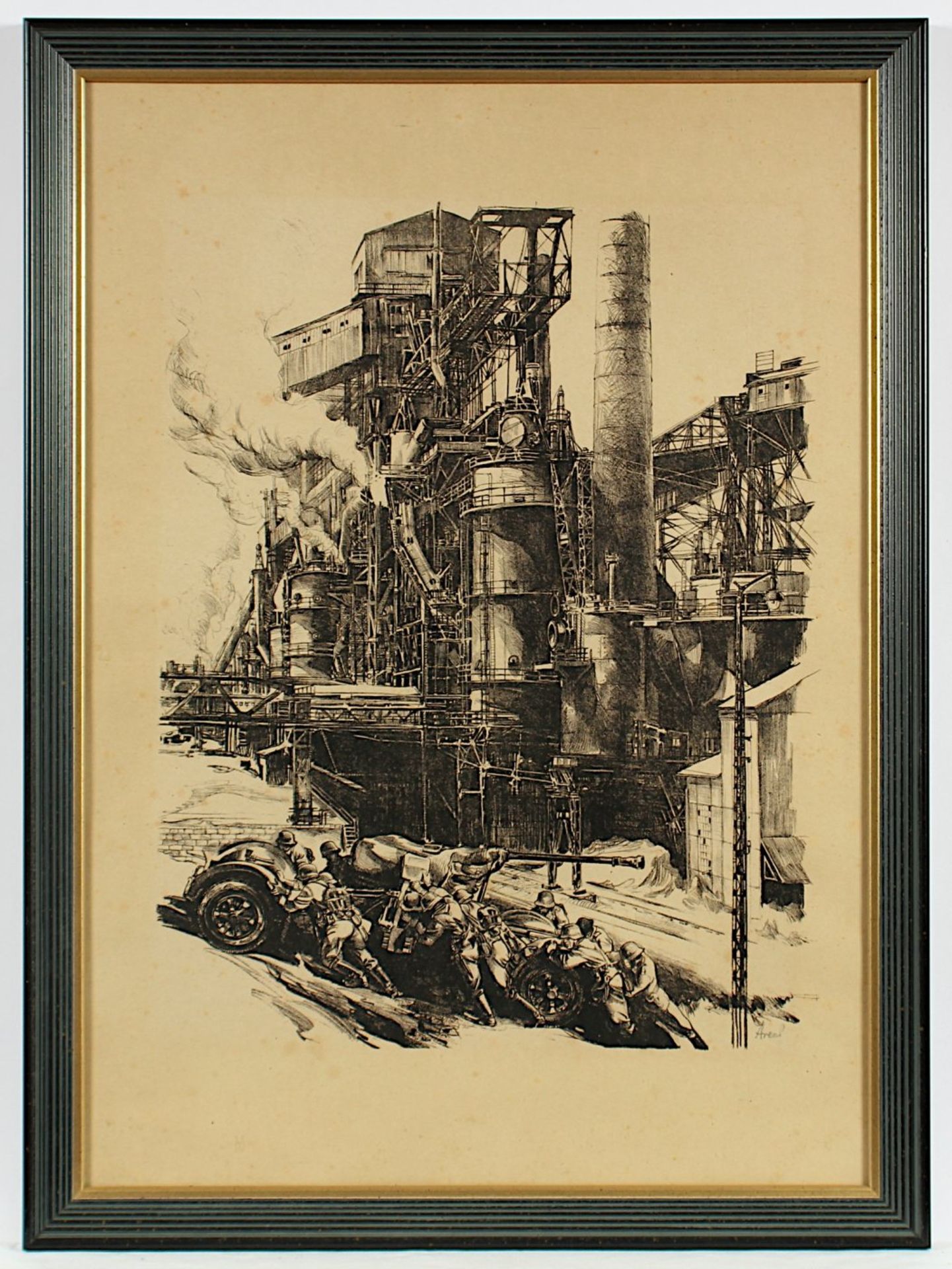 ARENS, Albert (1881-ca.1953), "Krupp-Hüttenwerk mit Flak", Lithografie, 52 x 41, handsigniert, R.