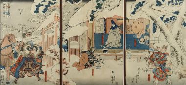 DREI FARBHOLZSCHNITTE, Oban Triptychon, Utagawa KUNIYOSHI, Szene aus der Hachinoki-Erzählung, "