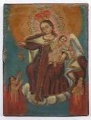 SPANIEN 17./18.JH., "Gnadenbild", Madonna mit Kind, flankiert von zwei reuigen Sündern im Fegefeuer,