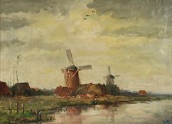 LÜCKER, Eugène (1876-1943), "Niederländische Landschaft mit Windmühlen", Öl/Lwd., 47 x 64, rest.,