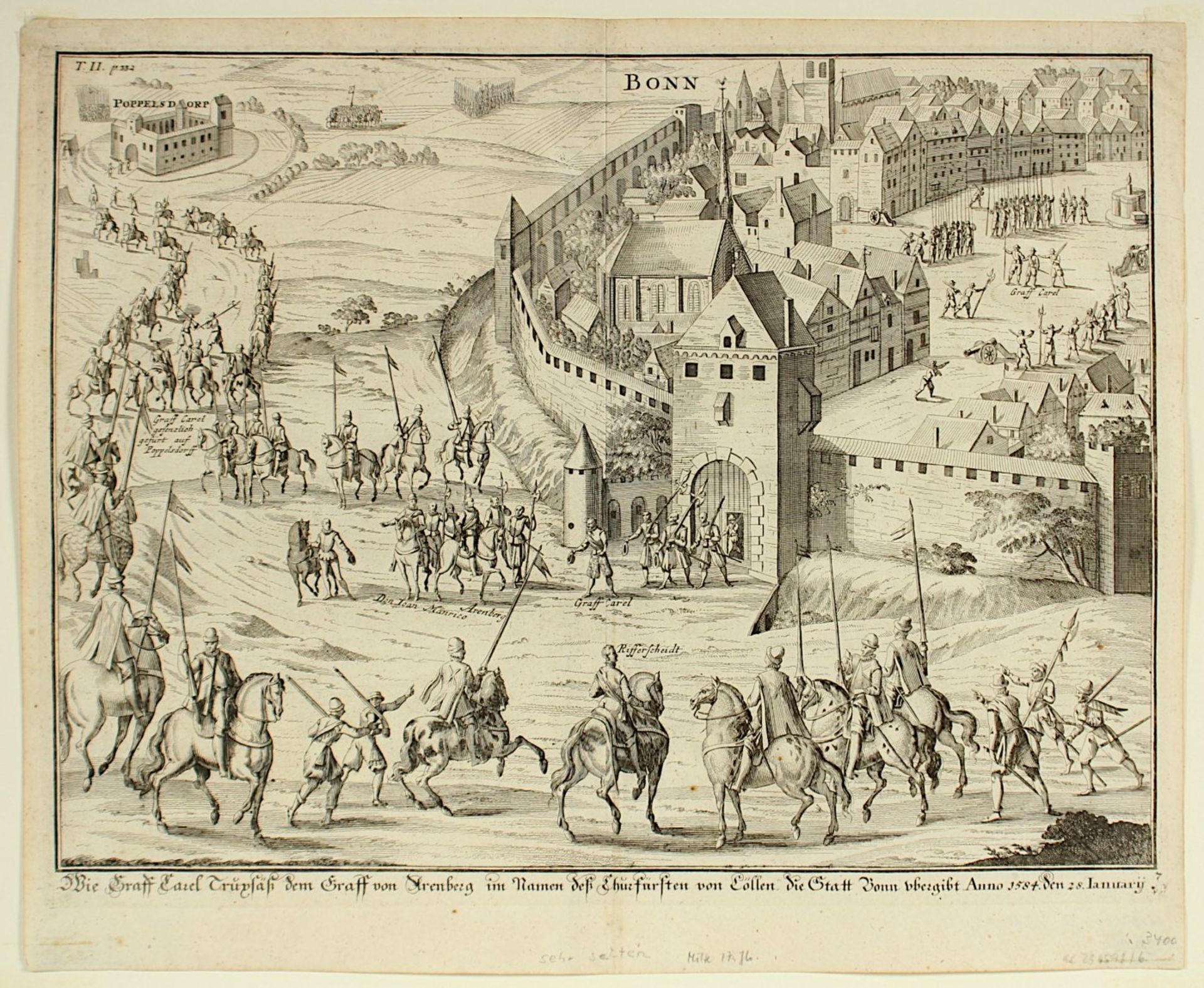 BONN, Stadtübergabe 1584, Kupferstich, 30 x 40, nach Braun & Hogenberg, um 1650, sehr selten, - Image 2 of 3