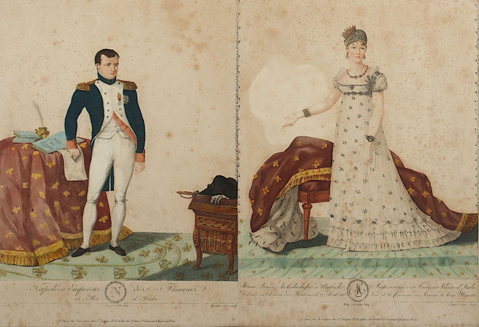 NAPOLEON UND MARIE LOUISE, zwei kolorierte Stiche, 31 x 24, von Gautier, fleckig, 1.H.19.Jh., R. - Image 2 of 2