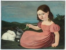 PORTRAITMALER UM 1840, "Mädchen mit zwei Kaninchen", Öl/Lwd., 47,5 x 62, doubliert, besch. und