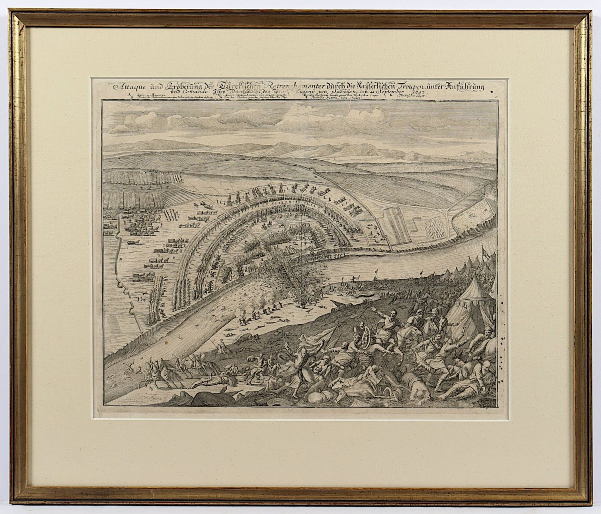 SCHLACHTPLAN TÜRKENSCHLACHT, Kaiserliche Truppen Prinz Eugen von Savoyen, 1697, Kupferstich, 29 x