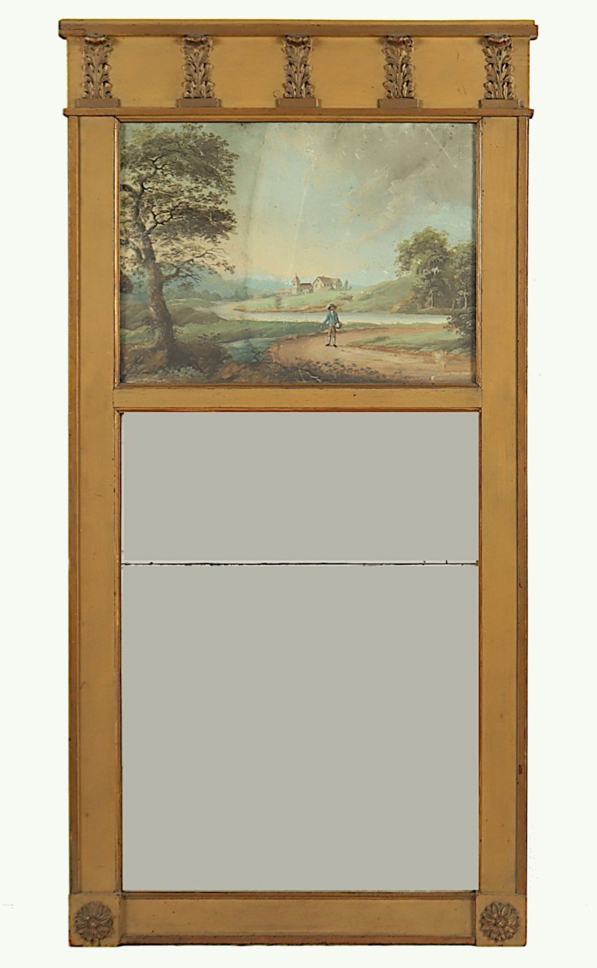 BIEDERMEIER-SPIEGEL, Holz, goldfarben lackiert, Dekorationselement mit Original-Aquarell, besch.,