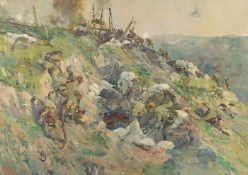 SCHREUER, Wilhelm (1866-1933), "Sturm auf die Anhöhe", Szene aus dem 1. WK, Öl/Lwd., 84 x 120, unten