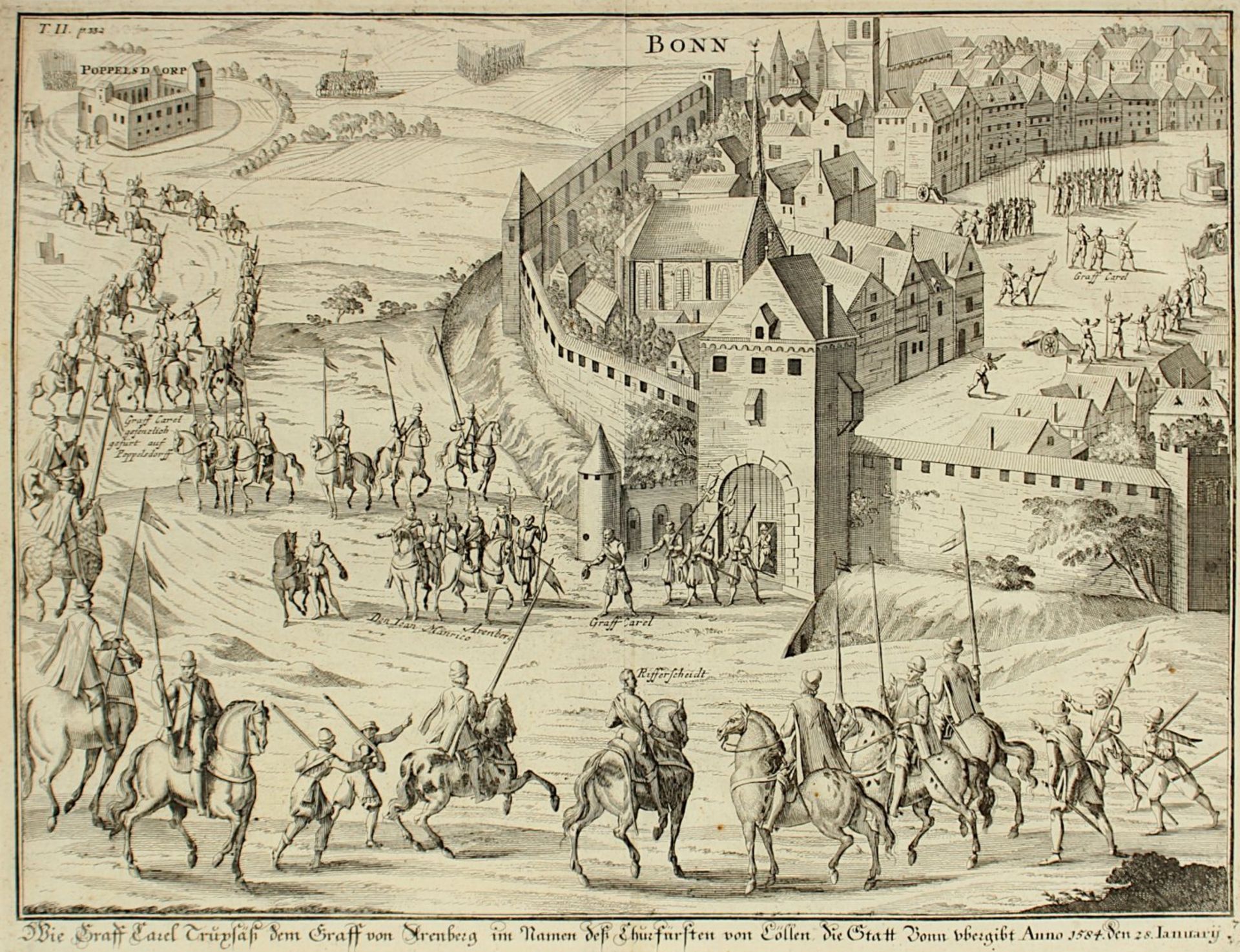 BONN, Stadtübergabe 1584, Kupferstich, 30 x 40, nach Braun & Hogenberg, um 1650, sehr selten,