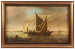 NIEDERLANDE 20.JH., "Küstenlandschaft mit Schiffen", Öl/Lwd., 35 x 61, rest., R.