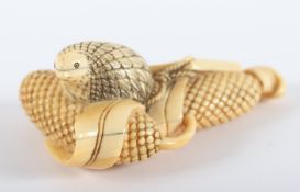 GROSSES NETSUKE WACHTEL UND HIRSEKOLBEN, Elfenbein, eine Wachtel sitzt zwischen zwei Hirsekolben und