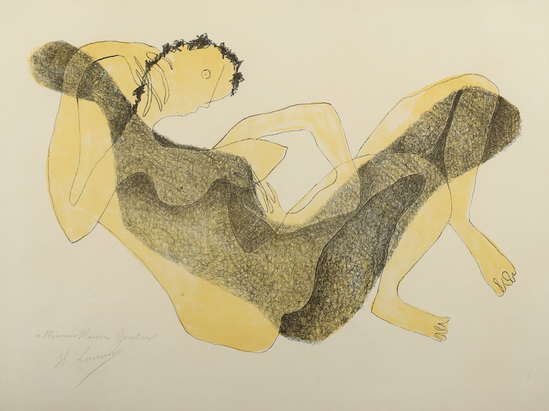 LAURENS, Henri, "Femme allongé au bras levé", Mischtechnik/Papier, 38 x 56, unten links signiert,