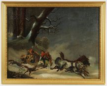 RUSSISCHER MALER DES 19.JH., "Angriff zweier Wölfe auf eine Troika in winterlicher Landschaft", Öl/
