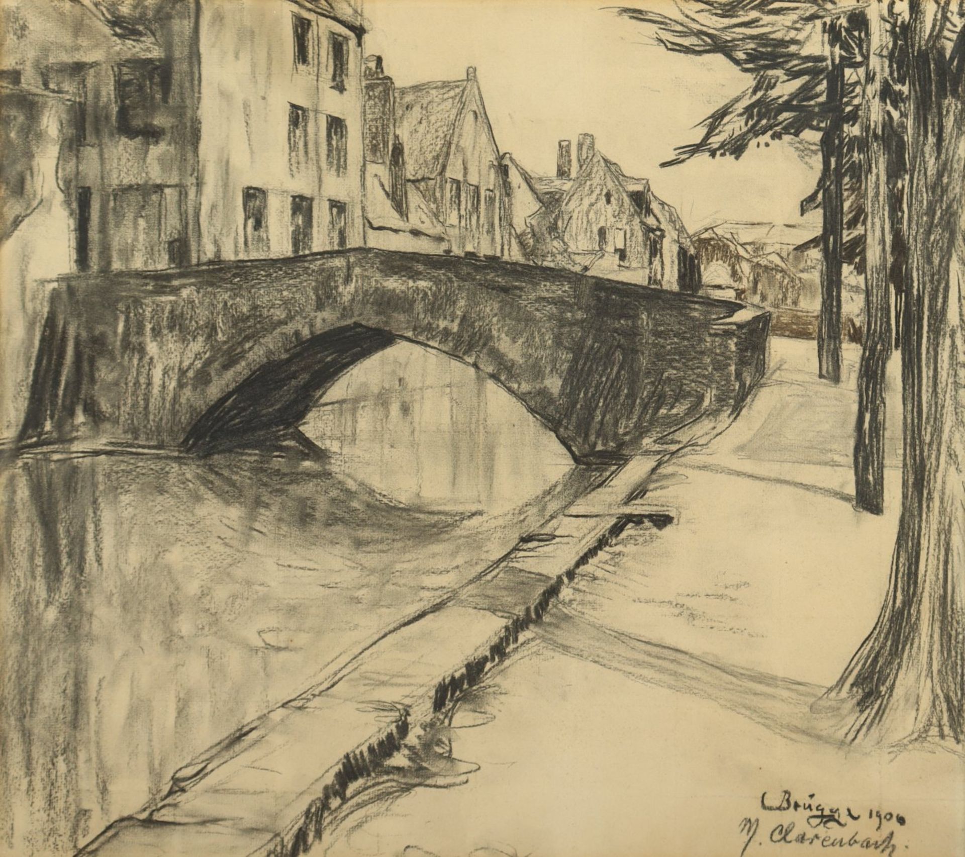 CLARENBACH, Max (1880-1952), "Ansicht aus Brügge", Kohle /Papier, 45 x 51 (
