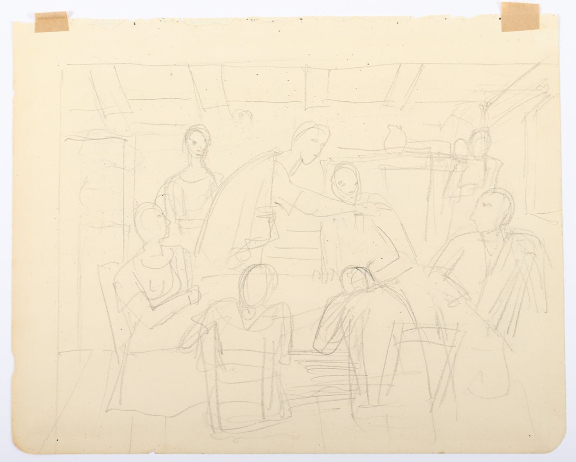 HOFER, Carl, "Interieurszene", Bleistift/Papier, 17 x 21, aus einem Zeichenbuch, ungerahmt