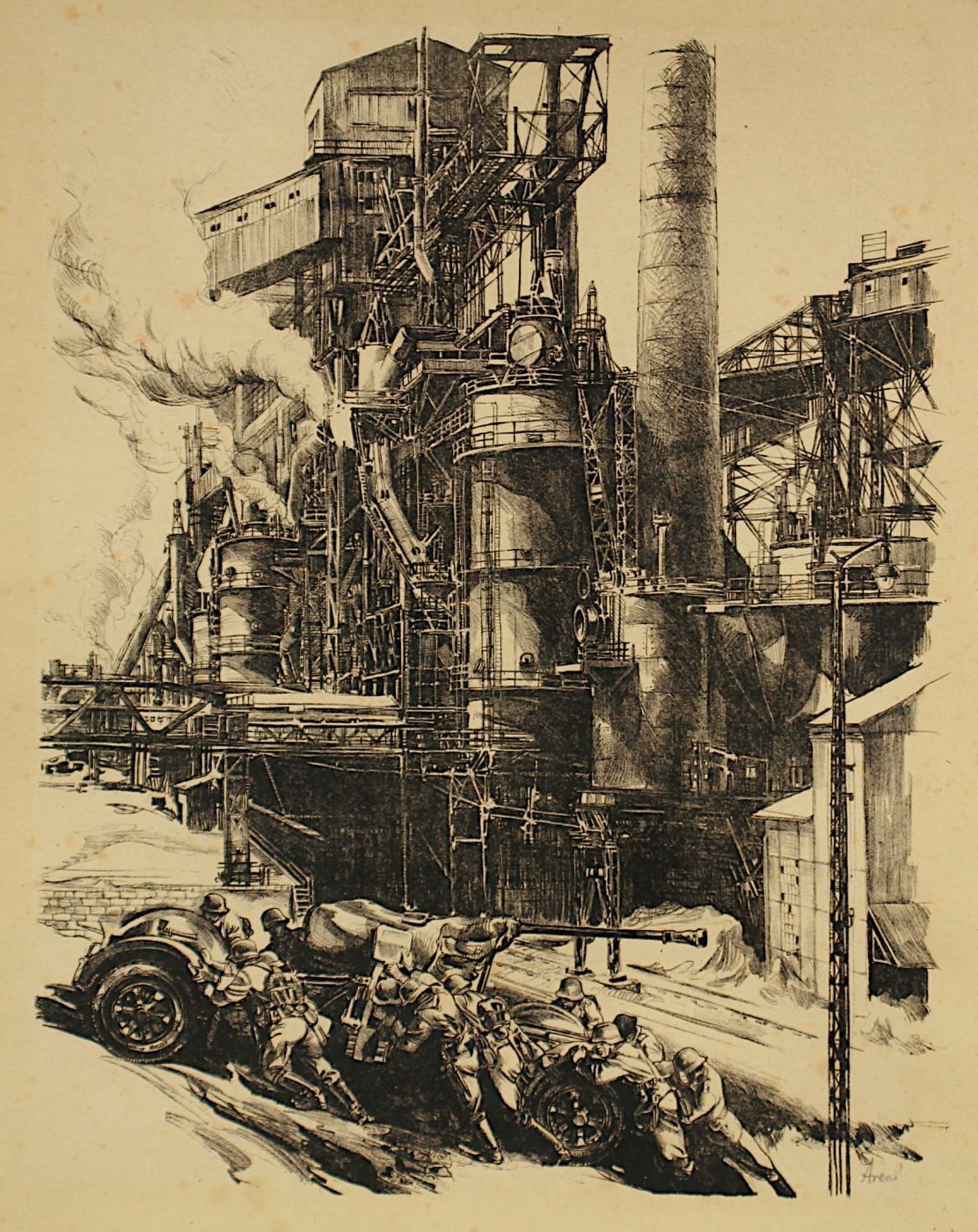 ARENS, Albert (1881-ca.1953), "Krupp-Hüttenwerk mit Flak", Lithografie, 52 x 41, handsigniert, R. - Image 2 of 3