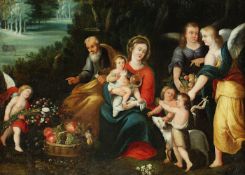 SAKRALMALER DES 17./18.JH., "Heilige Familie mit Johannesknaben und Engeln", Öl/Lwd., 41 x 57,