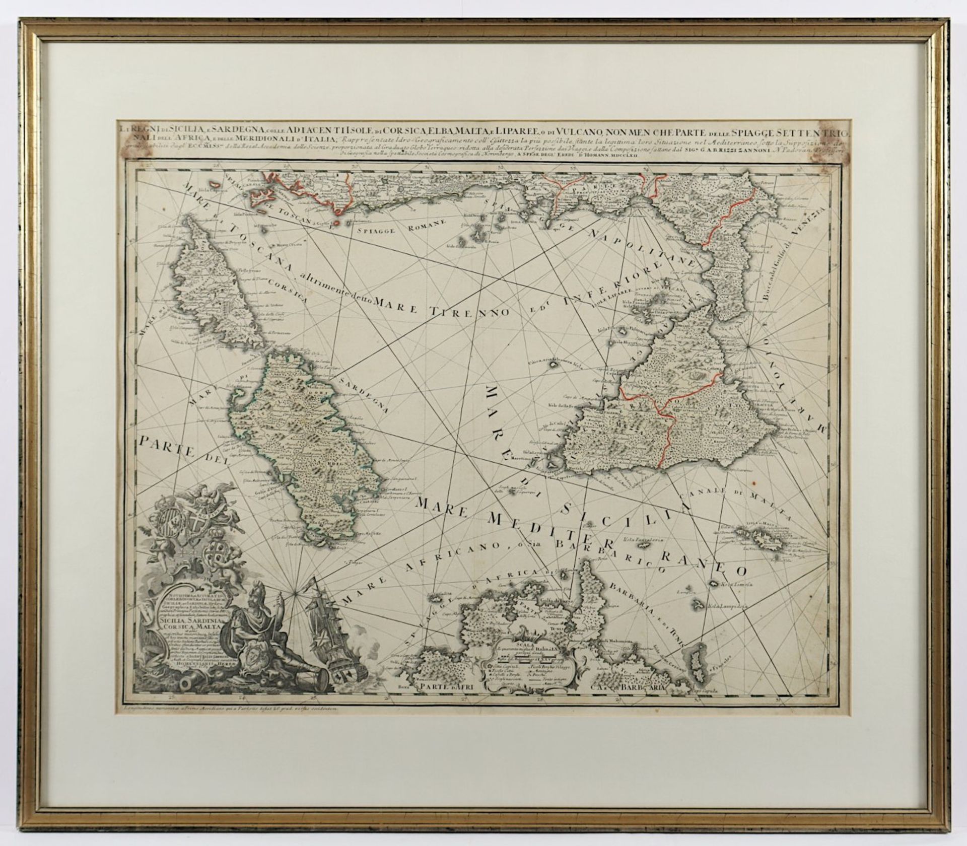 MITTELMEERINSELN, "Li regni di Sicilia, e Sardegna...", grenzkolorierter Kupferstich, 43 x 56, bei