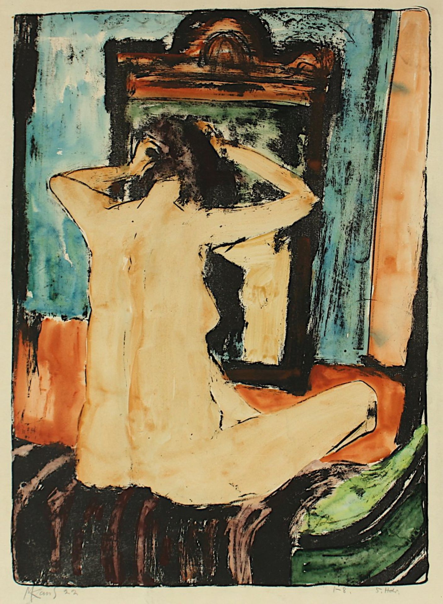 KAUS, Max, "Rückenakt vor einem Spiegel", Original-Lithografie, handkoloriert, 57 x 42, handsigniert
