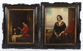 PORTRAITMALER DES 19.JH., "Zwei Bildnisse junger Frauen", Öl/Lwd., 40 x 32,5 sowie 36,5 x 27, besch.