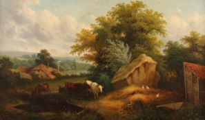STONE, R. (England 19.Jh.), "Landschaft mit Gehöft und Kühen", Öl/Lwd., 77 x 128, doubliert, unten