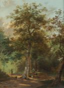 KOEKKOEK, Marinus Adrianus (1807-1868/70), zugeschrieben, "Waldinneres mit Jägern", Öl/Holz, 58 x