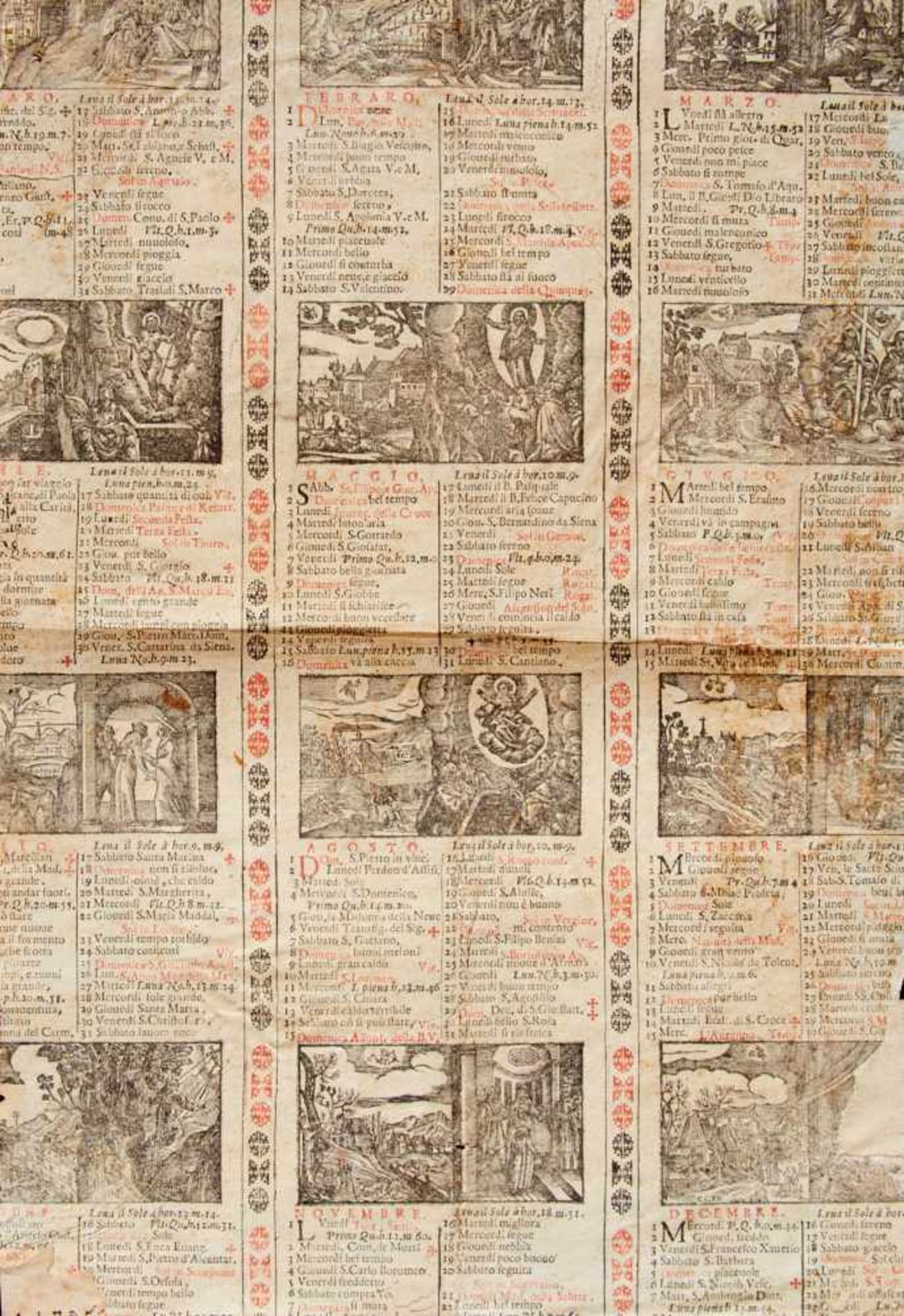 Sammlung -Fünf deutsche Einblattdruck-Kalender (Fragmente). Ca. 1500-1630. Verschied. Formate. Meist
