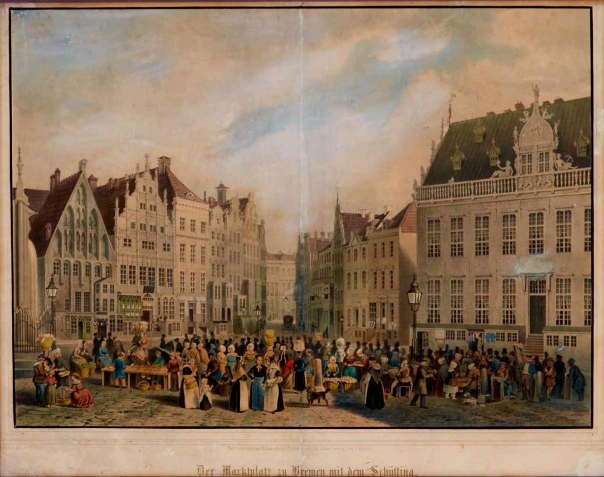 Bremen -"Der Marktplatz zu Bremen mit dem Schütting". Farblithographie von C. Köpper nach F. W.