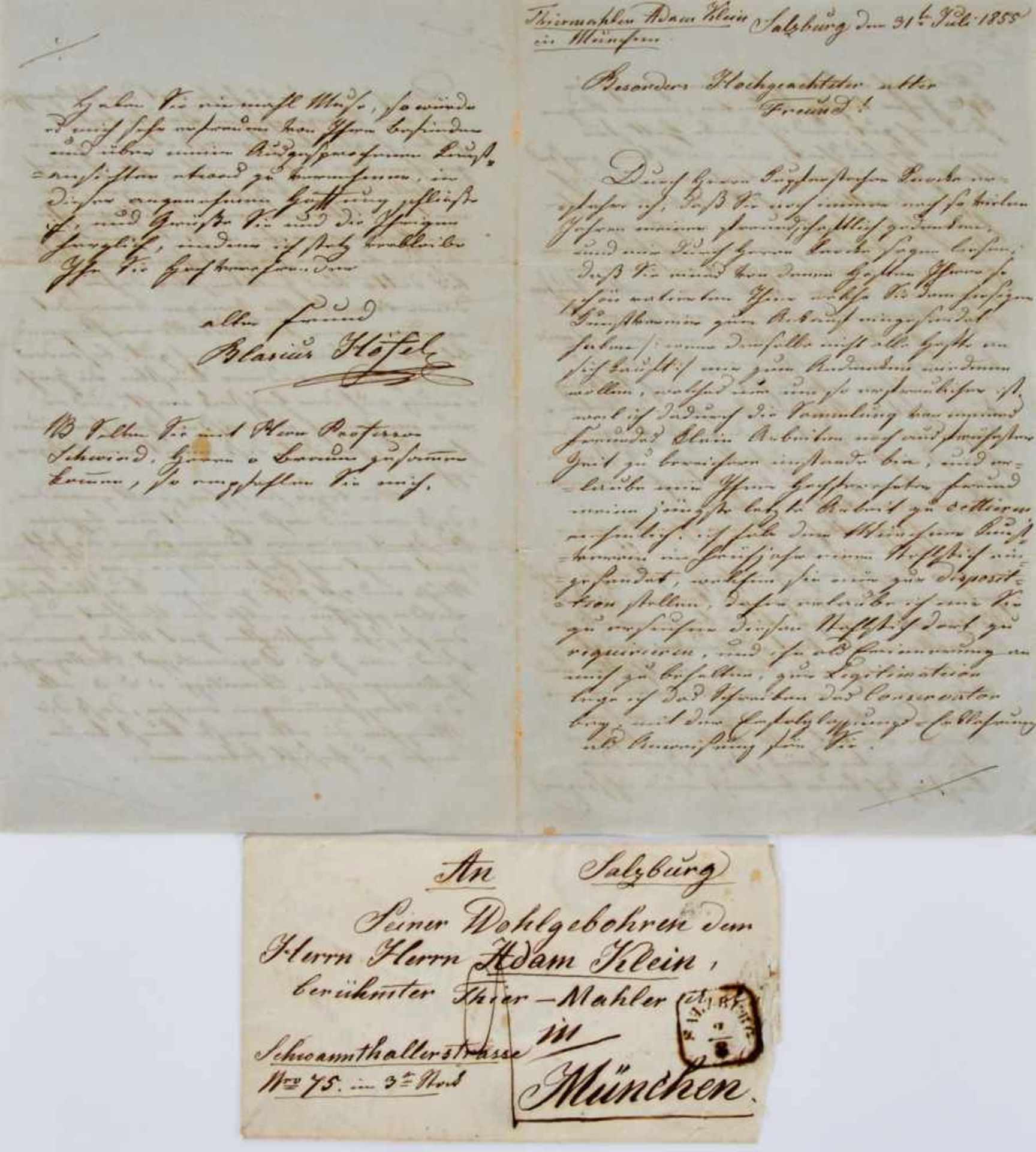 Höfel, B.,Kupferstecher (1792-1863). E. Brief mit e. U. Dat. Salzburg, 31. 7. 1855. 3 1/2 S. - Mit