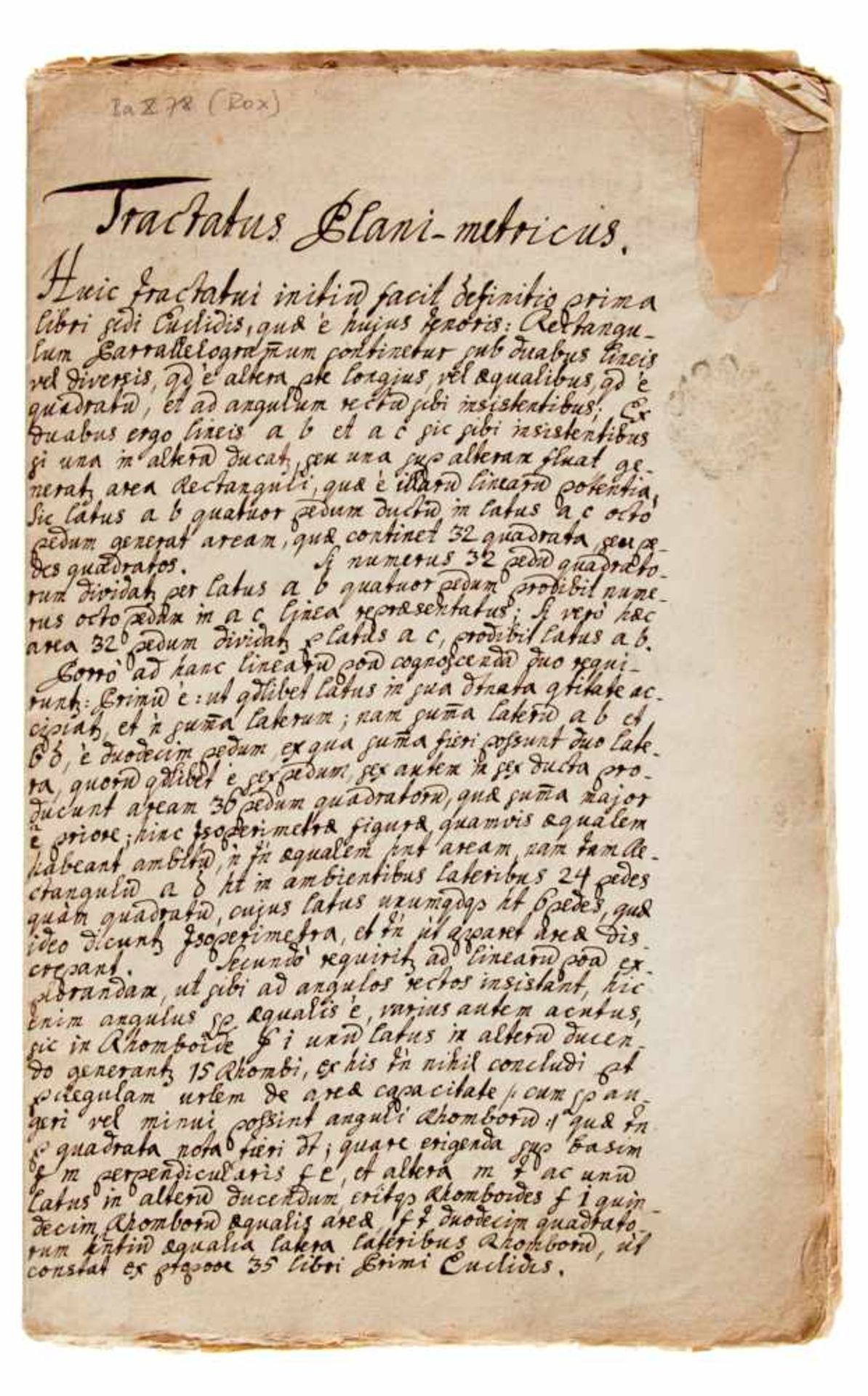 Feldmesskunst - Tractatus Plani-metricus.(Kopftitel). Lateinische Handschrift auf Papier. Wohl
