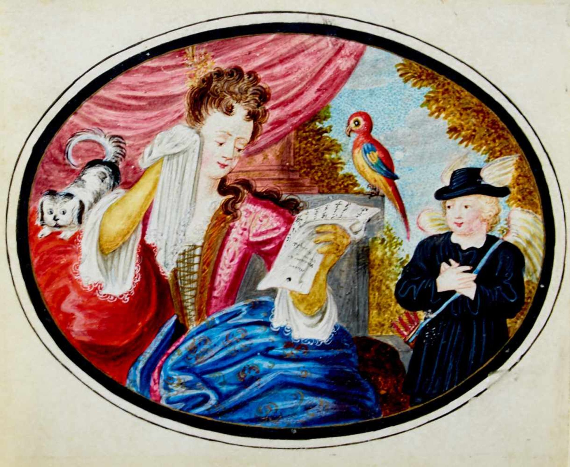 Kunstbillet - Goldgehöhte Gouacheauf Pergament. Deutschland, um 1760. 8 x 9,8 cm. - Unter