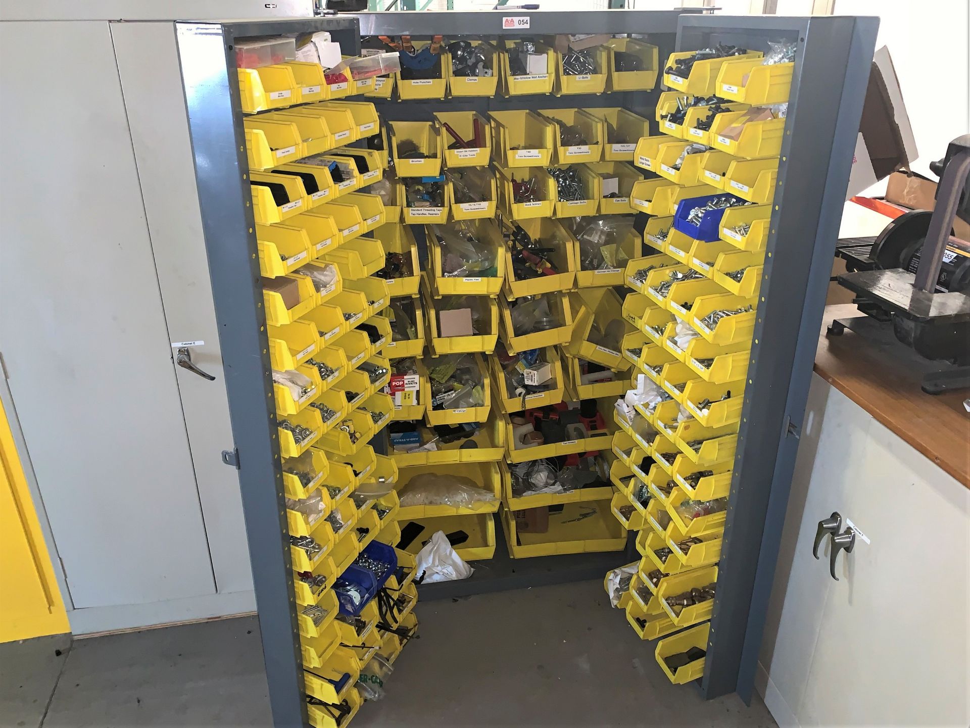 Metal 2-Door Storage Cabinet with Contents including Bins and Parts