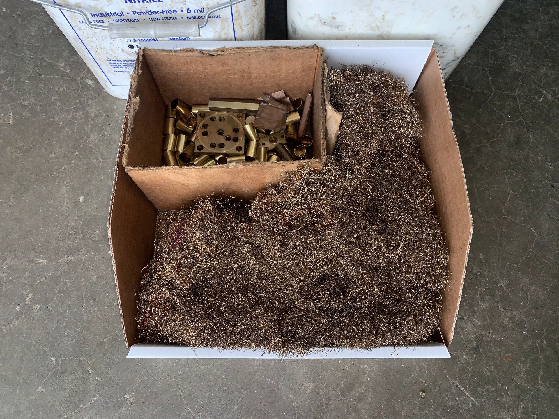 Lot with (2) Buckets and Box of Brass Shavings - Image 5 of 5