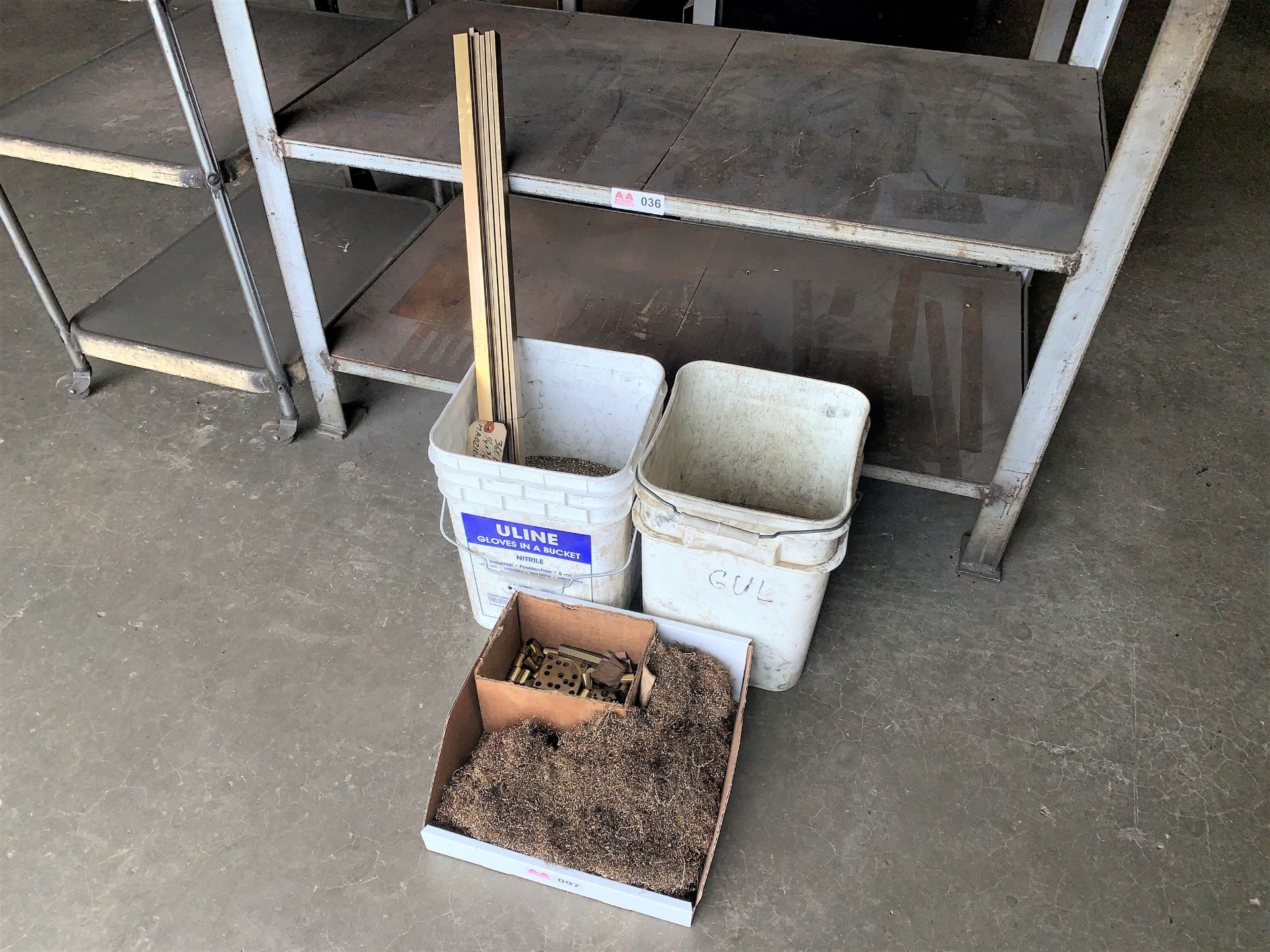 Lot with (2) Buckets and Box of Brass Shavings