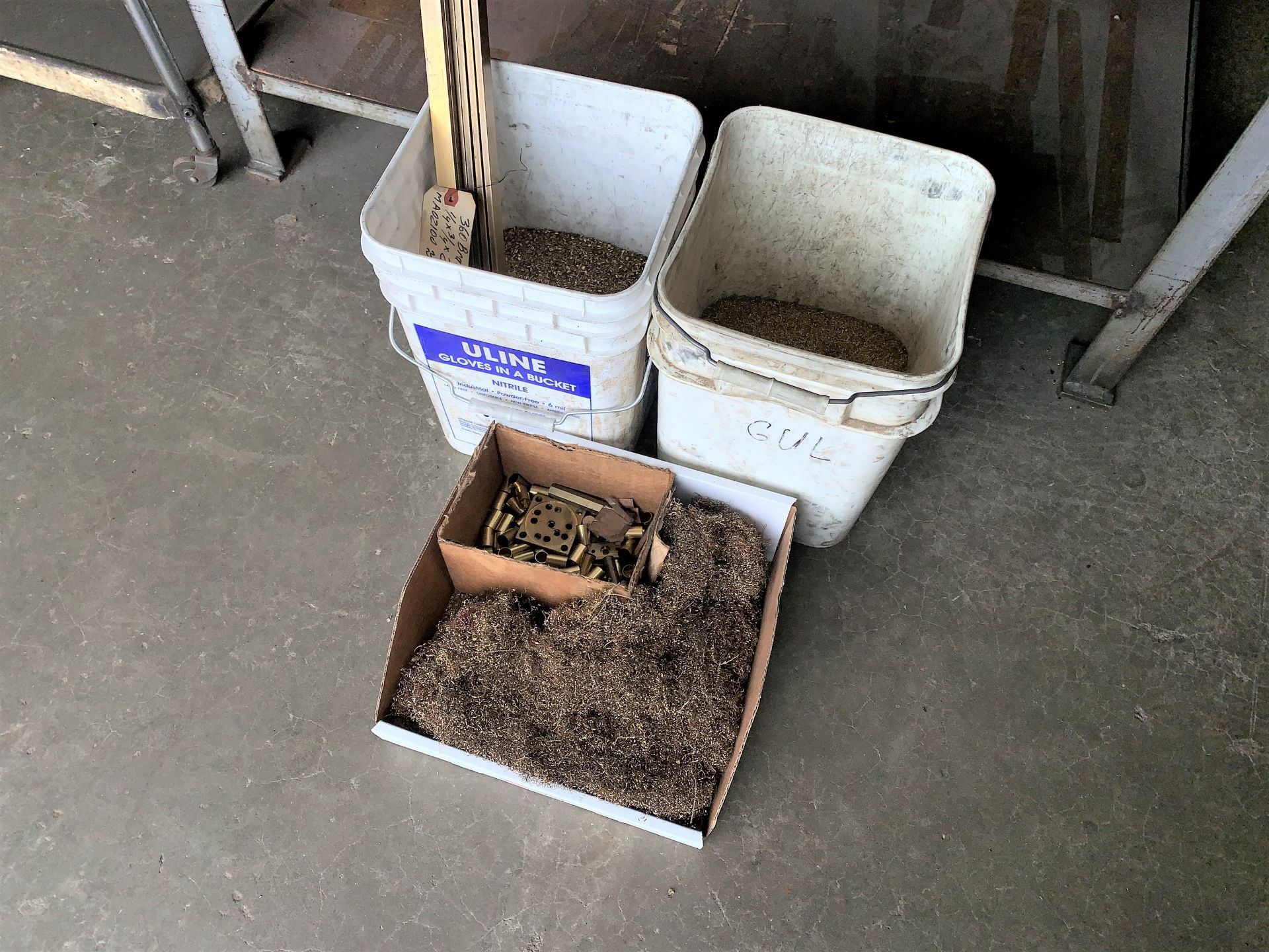 Lot with (2) Buckets and Box of Brass Shavings - Image 2 of 5