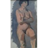 John G Hall (1921-2006) oil on paper, "Full-length female nude" framed, studio stamped to back,