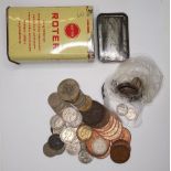 Tin of a variety of British silver & copper coins QV to QE II to include pre 1920 silver examples (