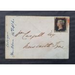 QV penny black (C-F), plate 5 with 4 good margins on envelope, Morpeth 14 Sept 1840 and with