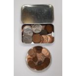 Tin of QE II coins including old style 10p & a small tub of QE II 1/2p (Qty)