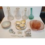Large quantity of glassware to include 3 decanters, v old coloured long-necked glass bottle, antique