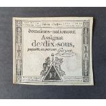 1792 French Revolution 10 sous bank-note