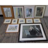 10 framed 20thC landscape watercolours & an antique print in ebonised frame (11), Various sizes