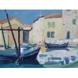 Mid 20thC French impressionist oil on artists board, "Boatyard scene", unsigned, thin ebonised