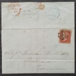 QV 1d red (S-D), plate 98 with 3 good margins on envelope with Manchester, Todmorden and 49 barred