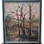 L Parzer impressionist French oil on board, "Dead trees", wood framed, 37 x 32 cm
