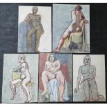 5 large François Xavier JOSSE (France 1910-1991) female figure study watercolours, all unframed (5),