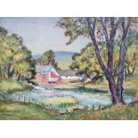 c1970s palette knife impressionist oil on board, pond by country setting, unsigned, wood framed, The